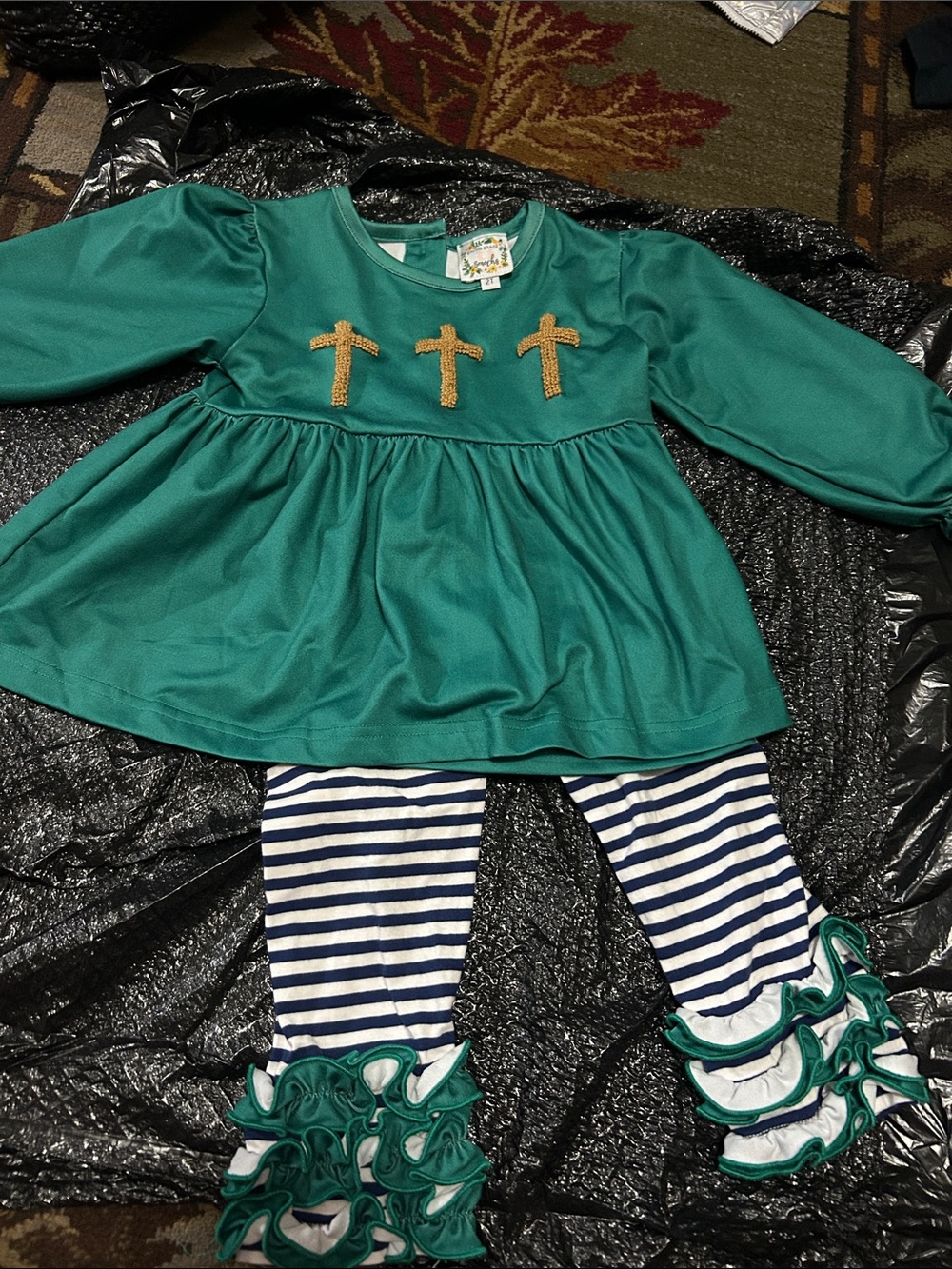Green Ruffle Cross Tunic & Striped Legging Set